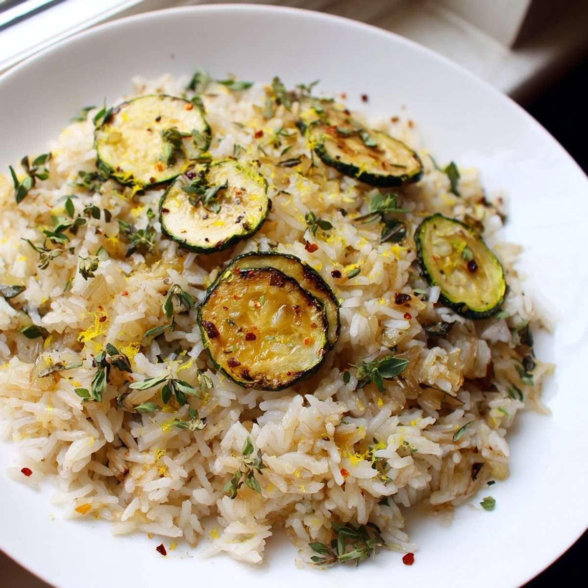 Creamy garlic herb jasmine rice topped with caramelized zucchini rounds and lemon zest