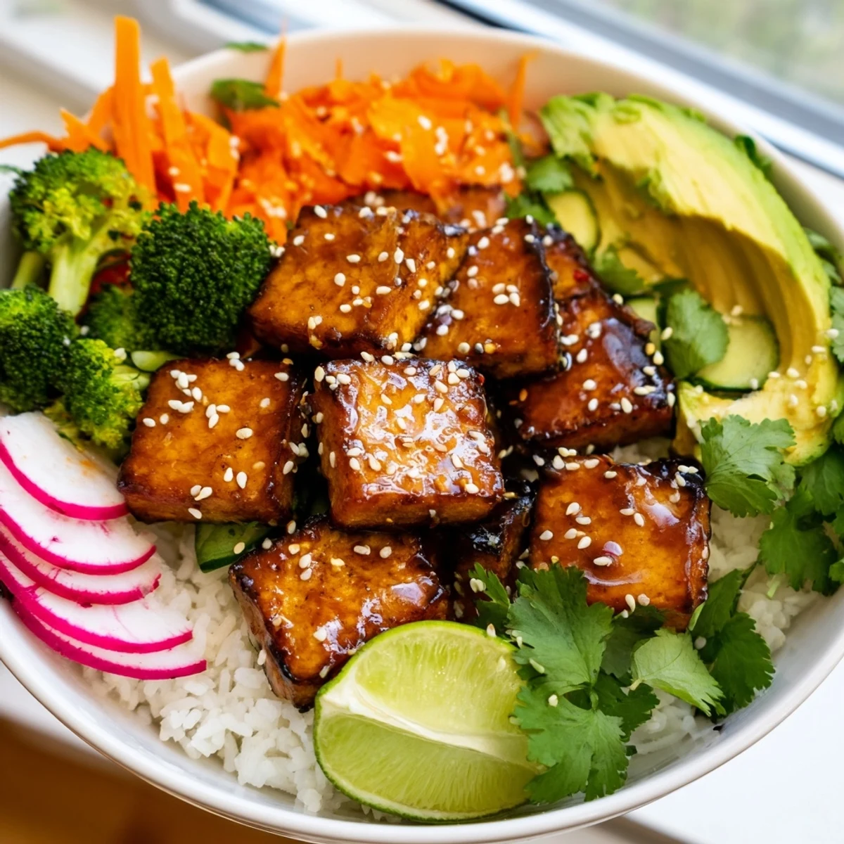 Crispy glazed maple soy tempeh vegan bowl nestled on fluffy rice with vibrant vegetables