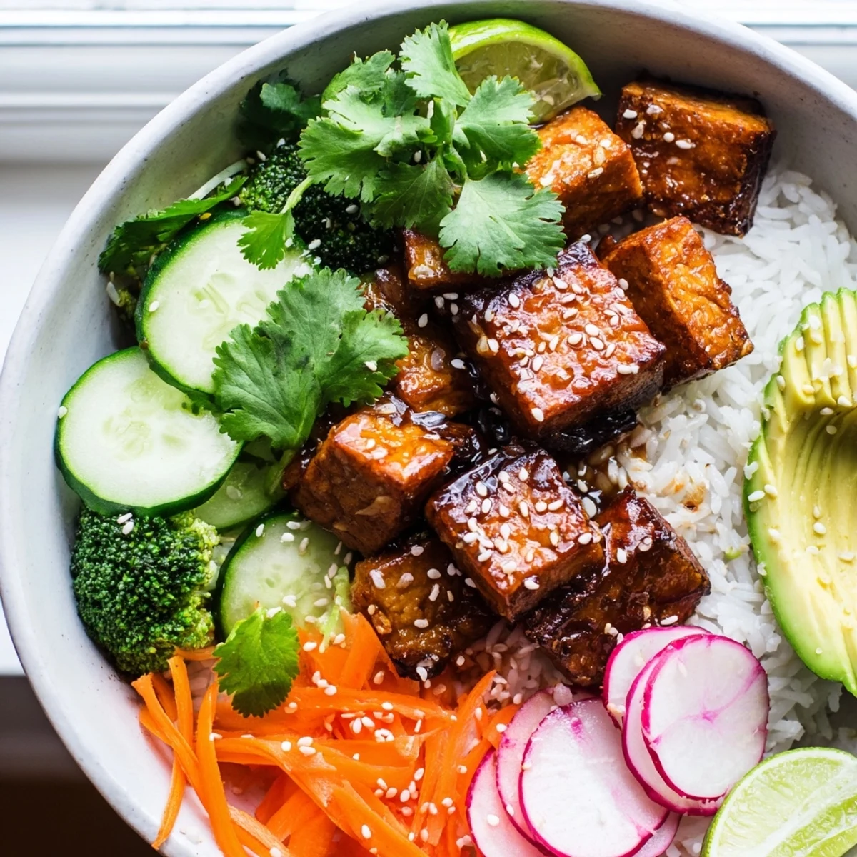 Golden sticky maple soy tempeh served over rice alongside tender sesame broccoli florets