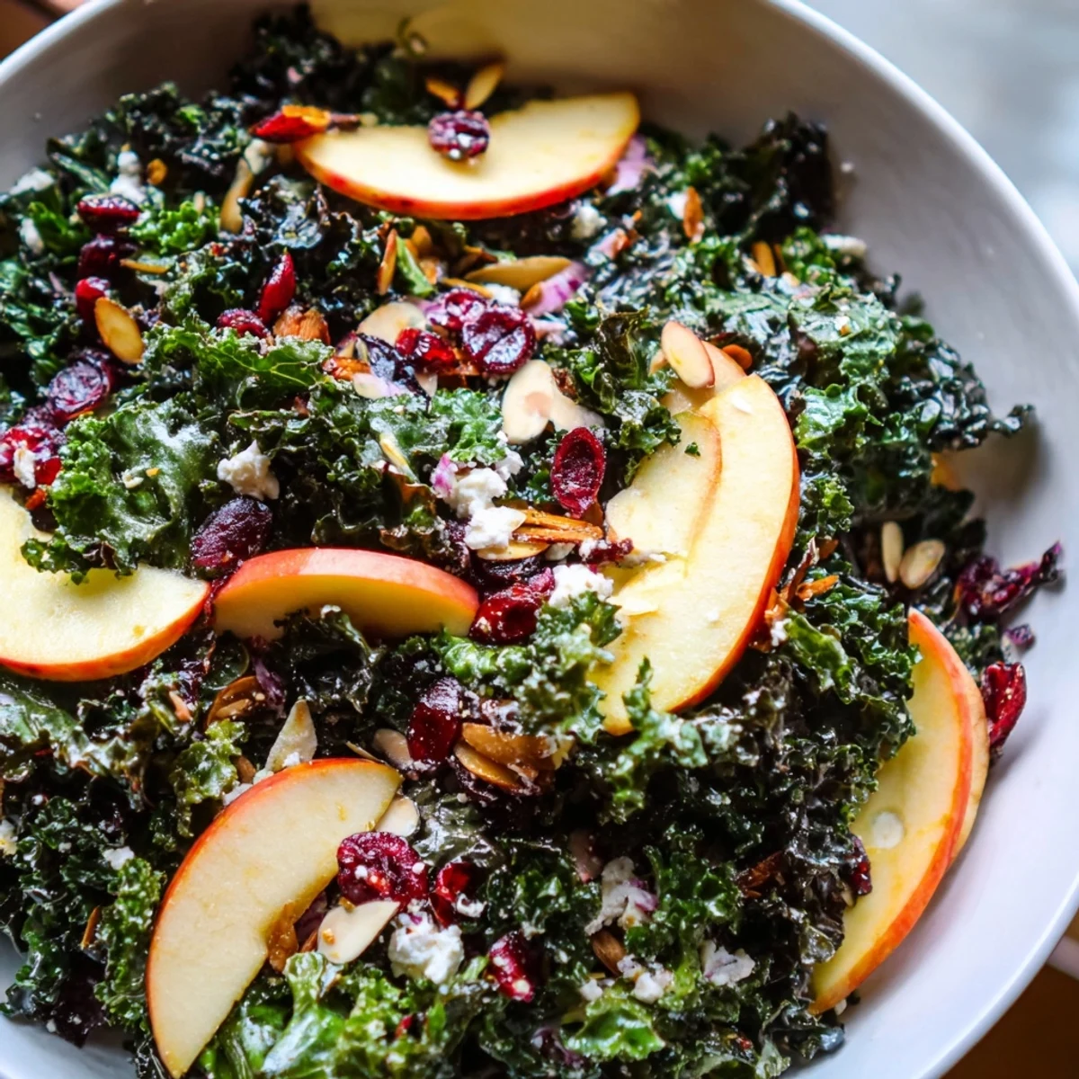 Crisp apples and toasted almonds top this colorful shaved kale salad with citrus dressing