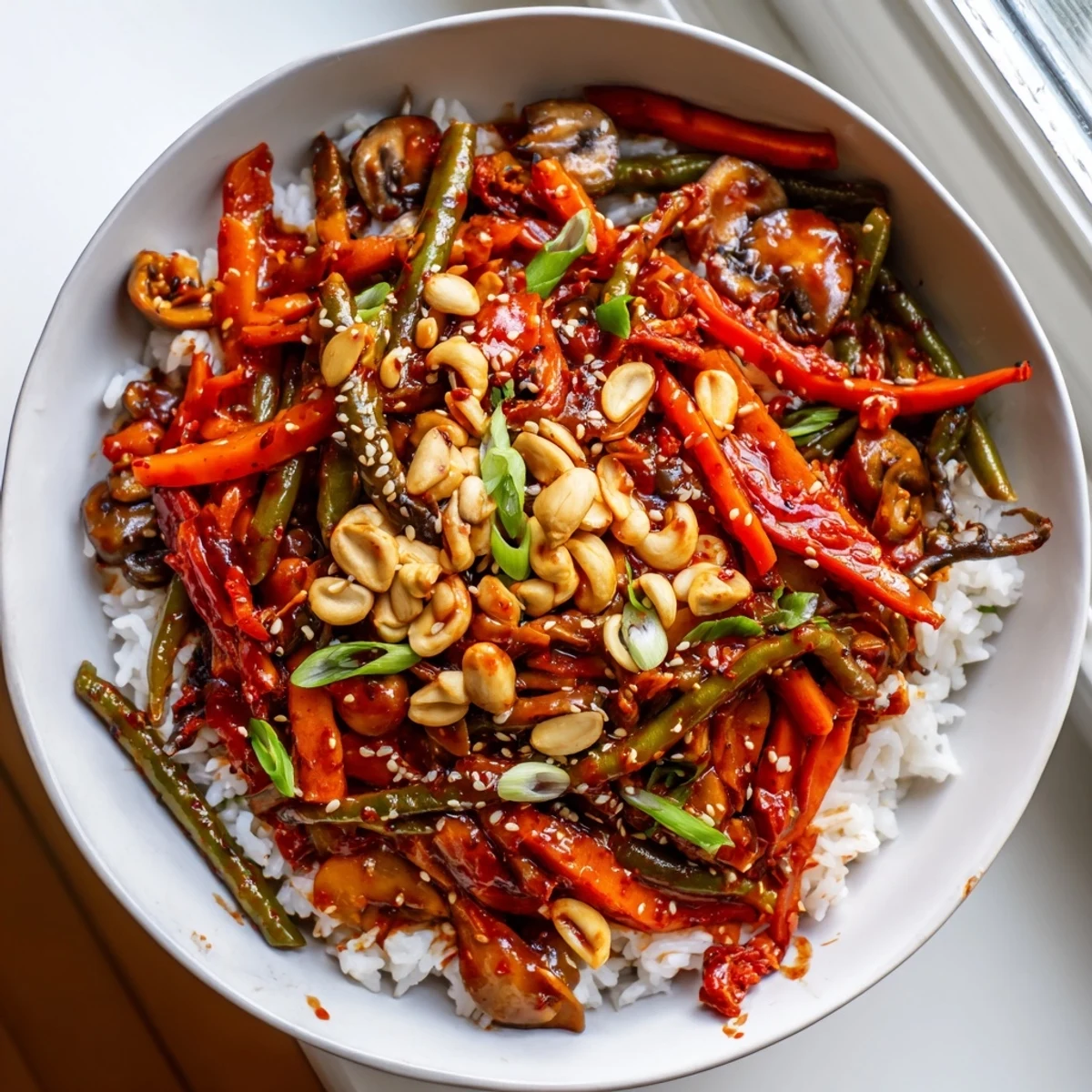 Spicy Gochujang Green Bean Veggie Bowl with crispy garlic and sesame seeds over steamed rice