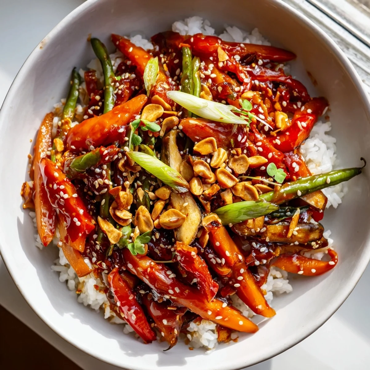 Colorful vegetable stir-fry in a Spicy Gochujang Green Bean Veggie Bowl topped with golden crispy garlic