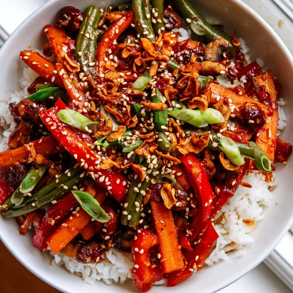 Steaming bowl of Spicy Gochujang Green Bean Veggie Bowl garnished with fresh cilantro and toasted sesame