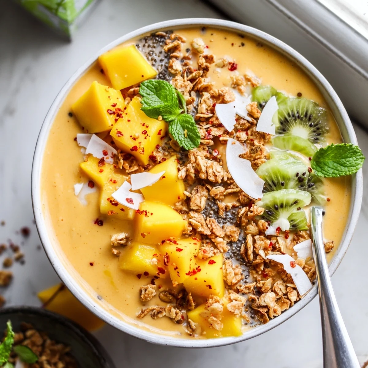 Bright mango coconut lime smoothie bowl topped with coconut flakes, chia seeds, and colorful fruit in two ceramic bowls