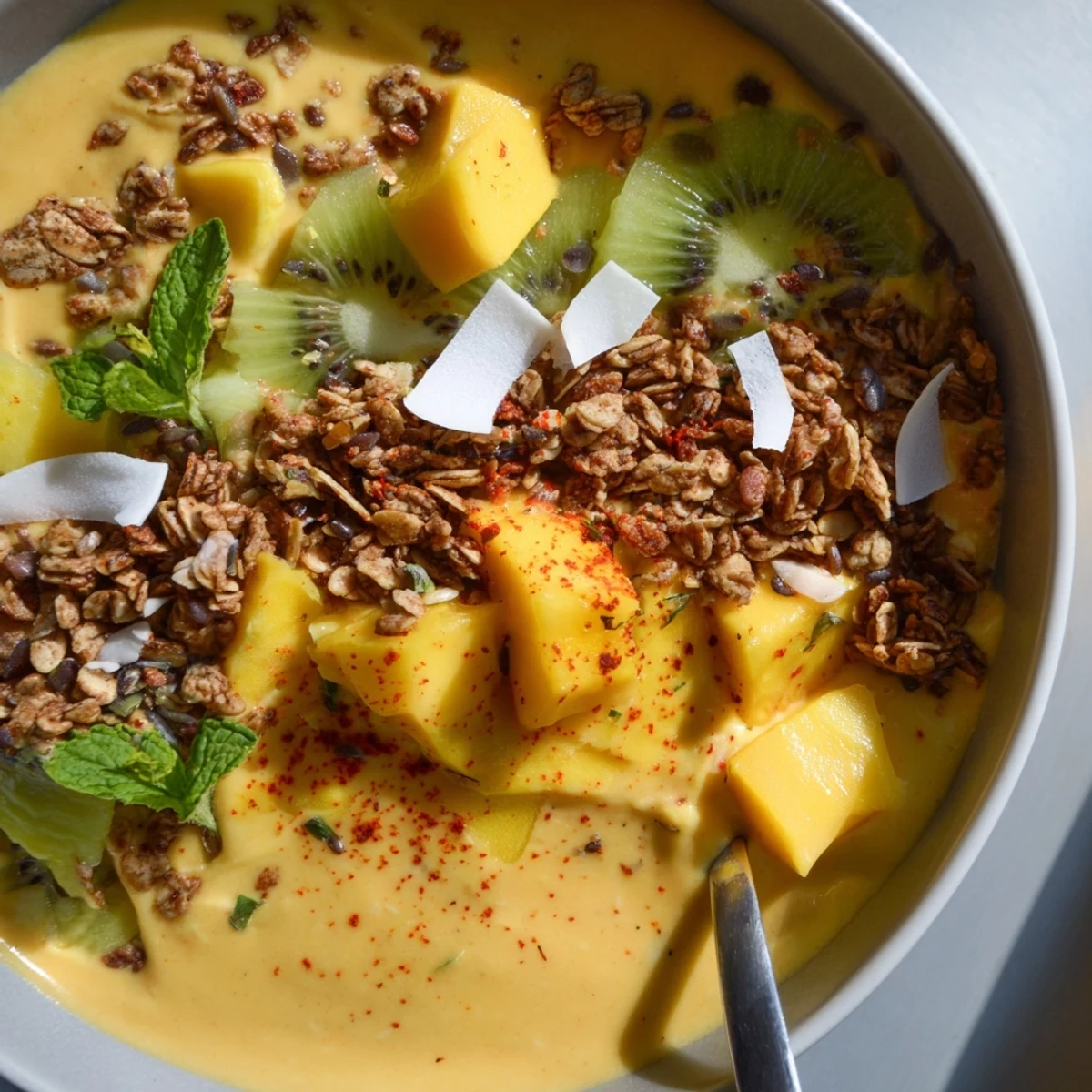 Creamy mango coconut lime smoothie bowl drizzled with chili salt and piled high with fresh tropical toppings
