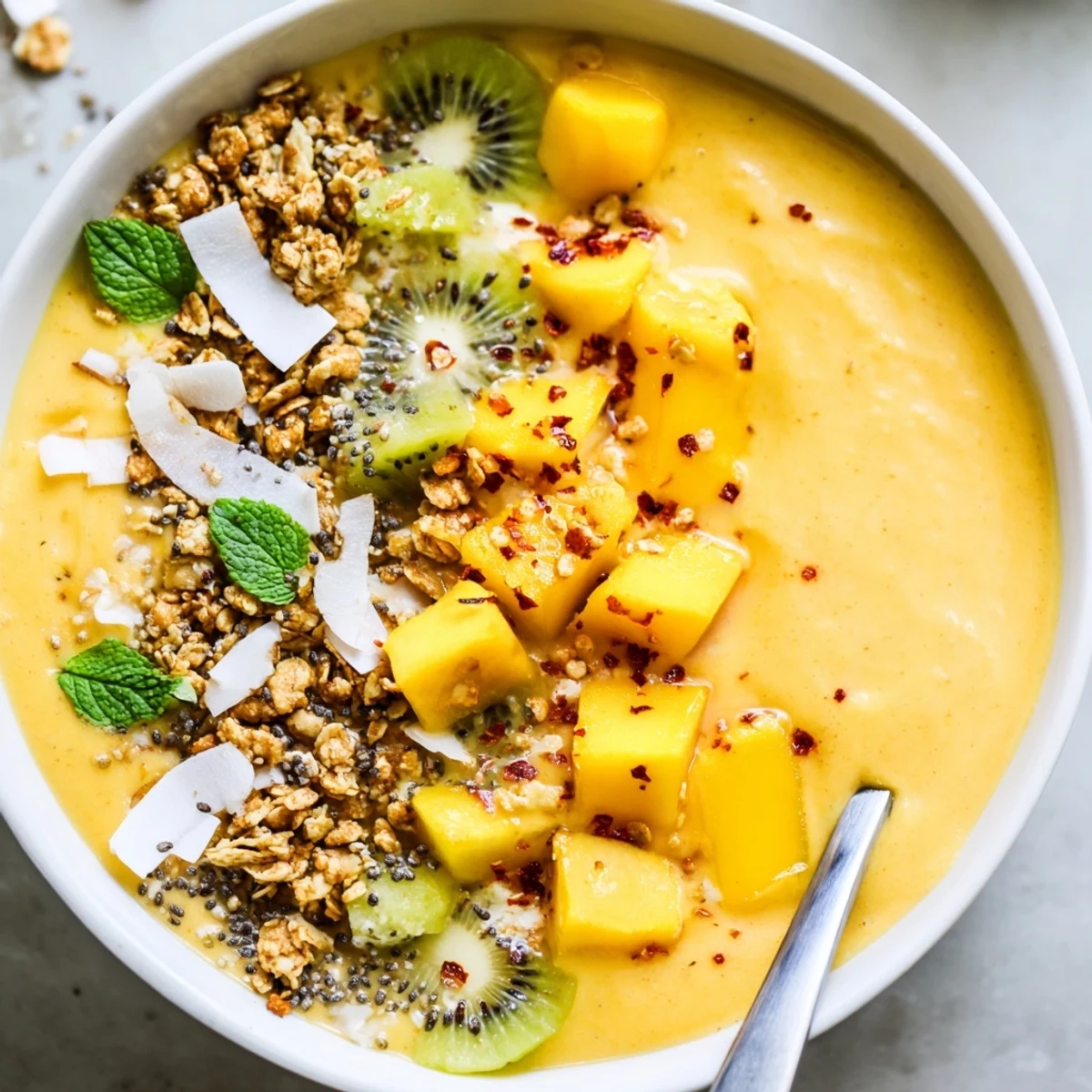Thick golden mango coconut lime smoothie bowl crowned with granola, diced mango, and a sprinkle of spiced salt