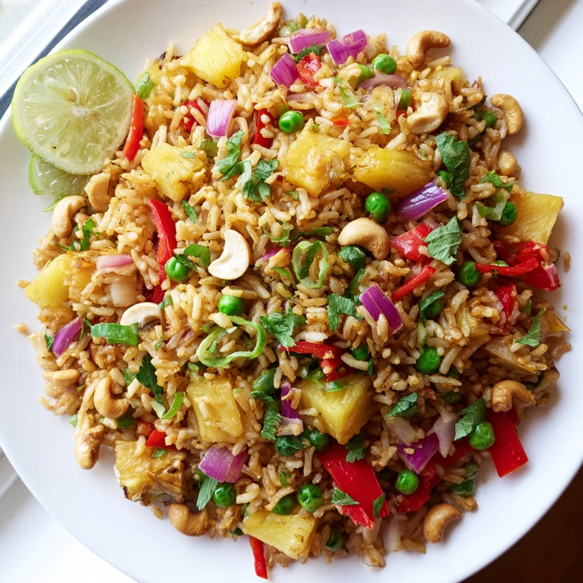 Golden chili lime pineapple fried rice topped with fresh cilantro and lime wedges