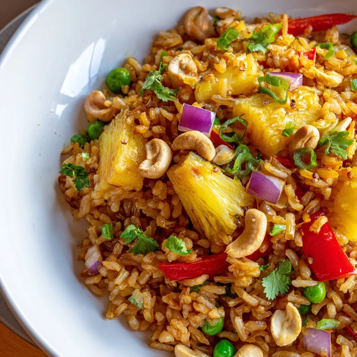 Vibrant pineapple fried rice with zesty lime, diced chilies, and scattered roasted cashews