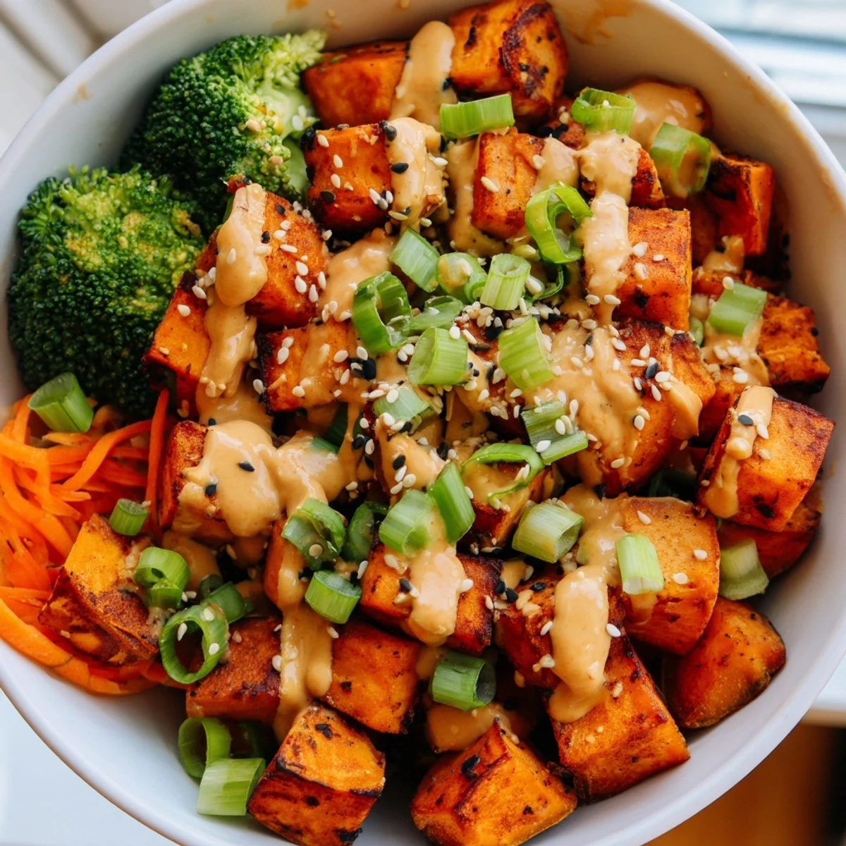 Caramelized sweet potato veggie bowl drizzled with spicy garlic tahini and sesame seeds