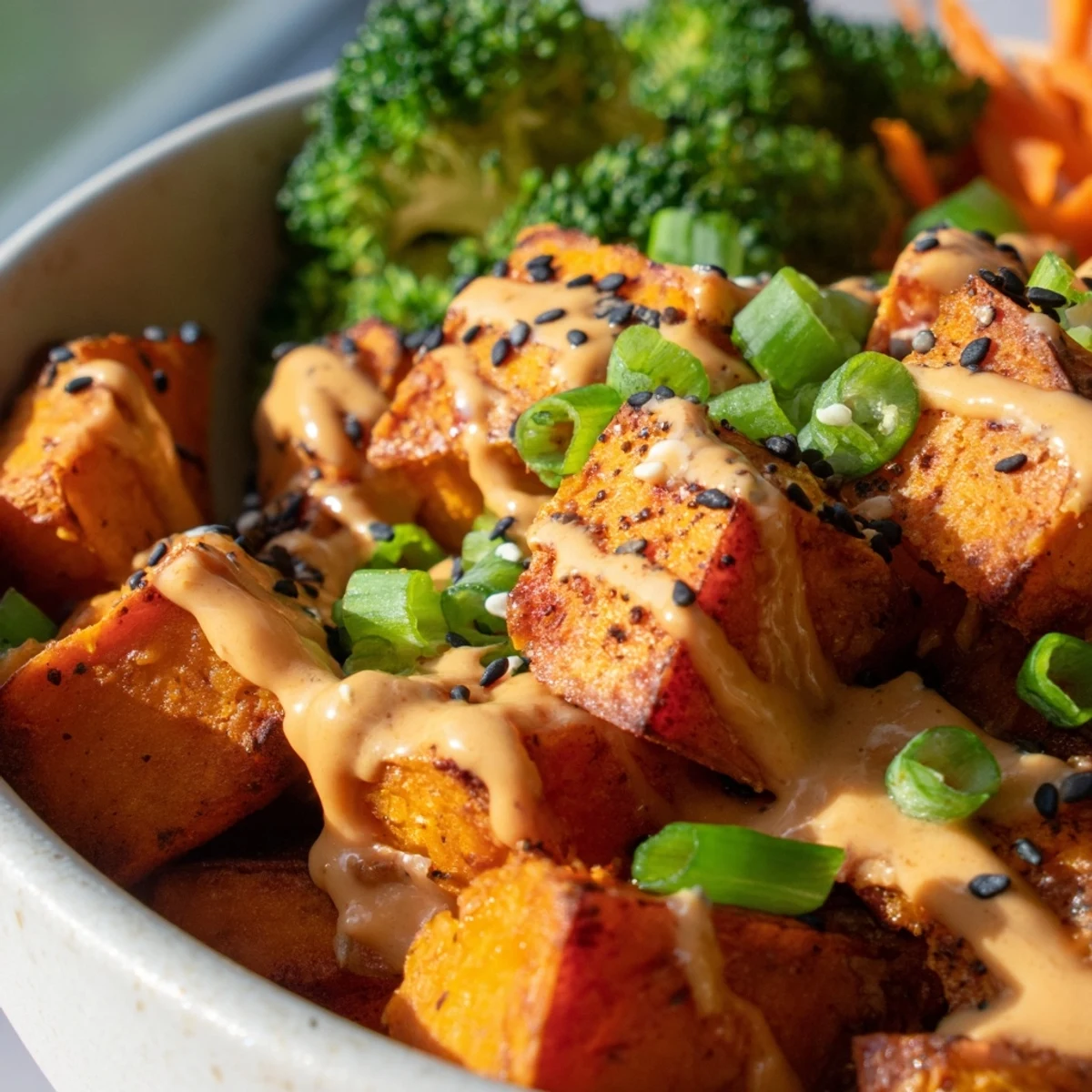 Colorful spicy garlic roasted sweet potato veggie bowl topped with crunchy sesame seeds