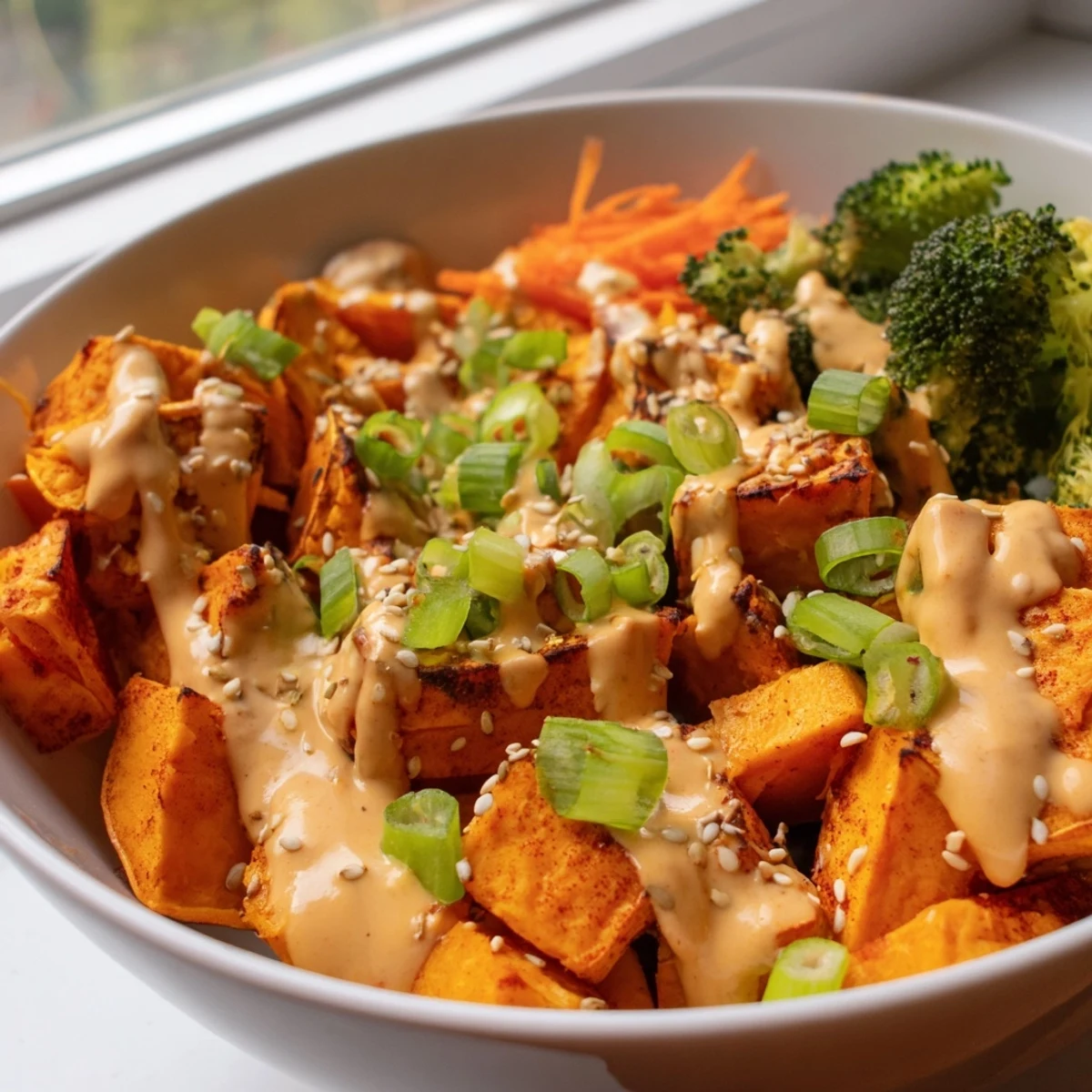 Warm roasted sweet potato veggie bowl coated in zesty garlic sauce with sesame seeds