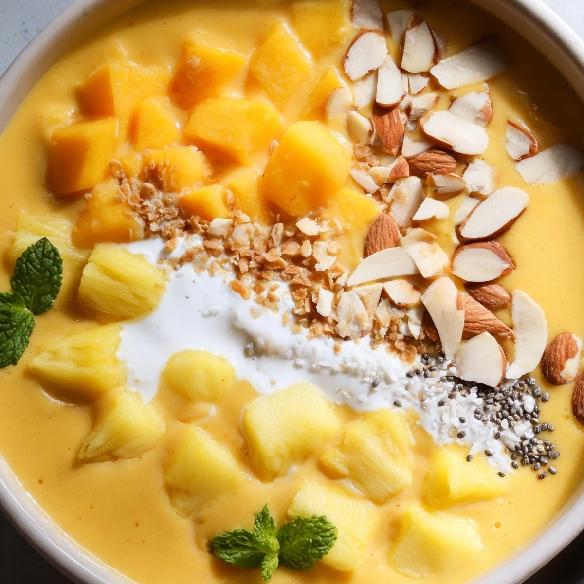 Bright mango pineapple coconut smoothie bowl topped with golden toasted almonds and fresh tropical fruit