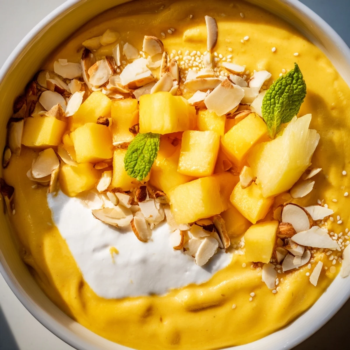Creamy mango pineapple coconut smoothie bowl drizzled with coconut and sprinkled with crunchy toasted almonds