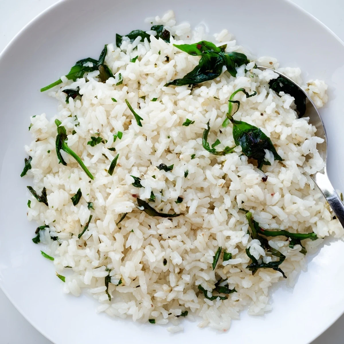 Fluffy garlic herb jasmine rice alongside vibrant sautéed spinach on a rustic plate