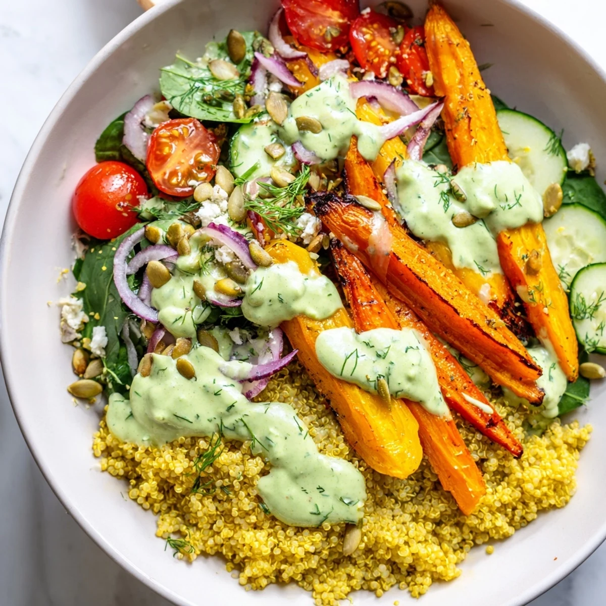 Roasted carrot lemon quinoa grain bowl drizzled with creamy green herb tahini