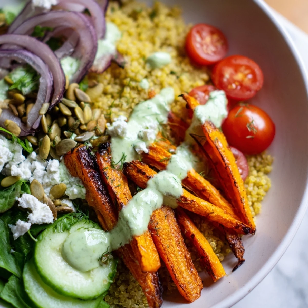 Golden roasted carrots nestled over fluffy lemon quinoa with bright herb tahini sauce