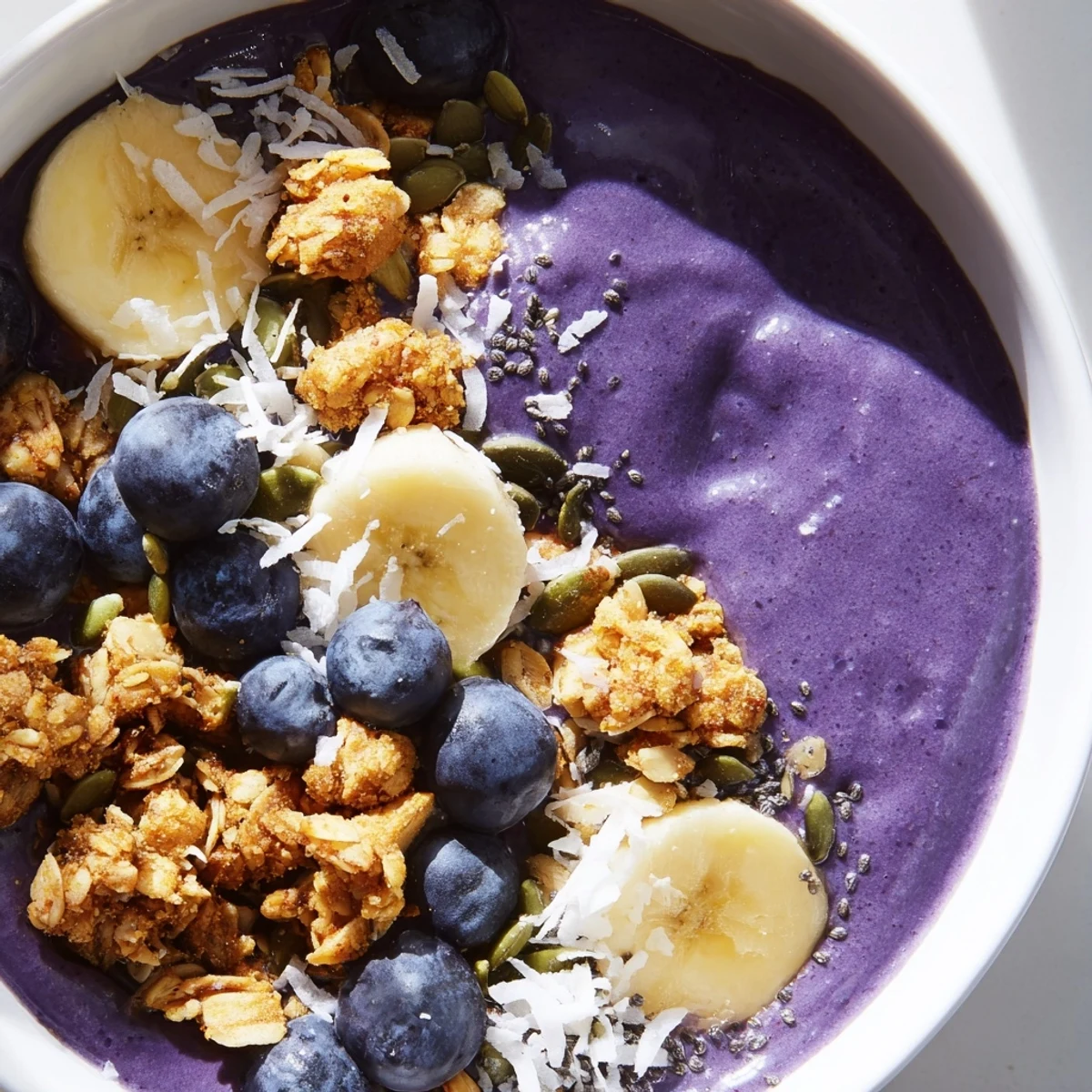 Creamy blueberry banana coconut smoothie bowl topped with golden granola clusters and fresh berries