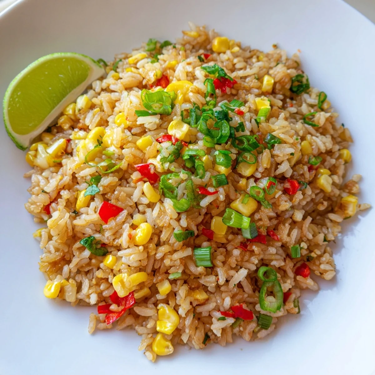 Golden chili lime corn fried rice topped with fresh cilantro and lime wedges