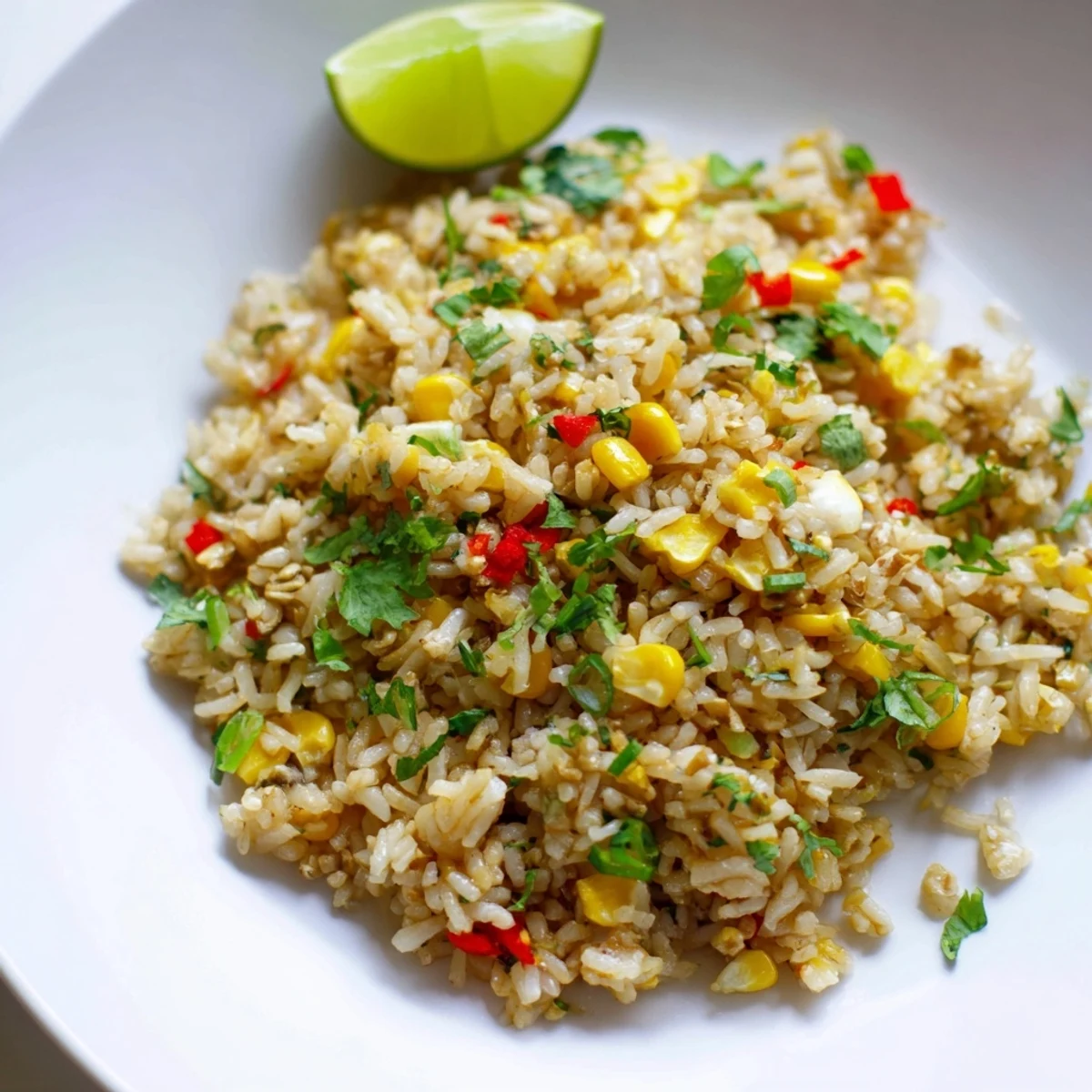 Steaming wok of chili lime corn fried rice studded with sweet golden kernels