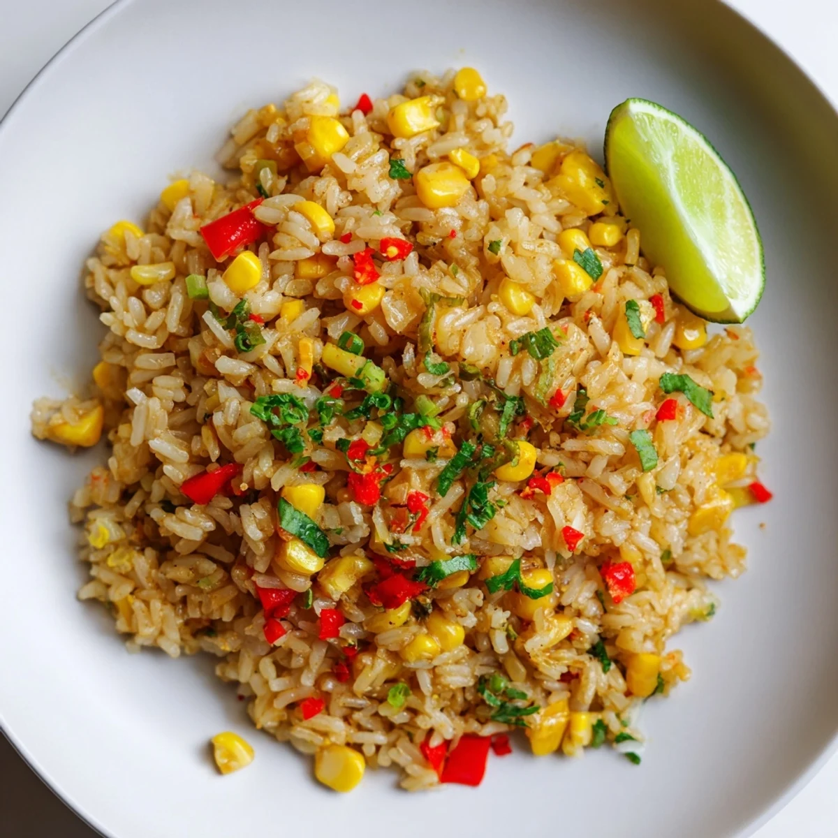 Zesty chili lime corn fried rice garnished with cilantro in a dark bowl
