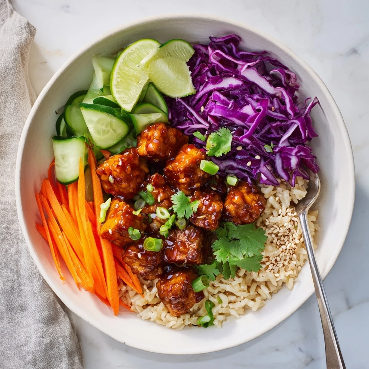 Glossy maple chili tempeh cubes nestled over fluffy rice with vibrant sesame cabbage in a colorful vegan bowl
