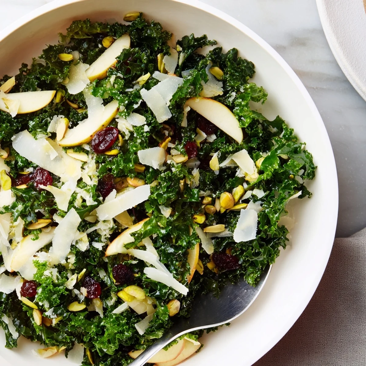 Fresh kale apple pistachio salad tossed in tangy citrus dressing on a wooden board