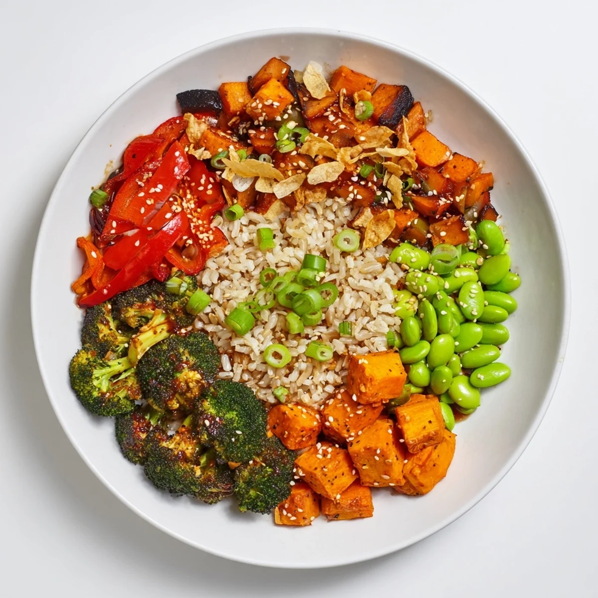 Crispy garlic chips top this spicy chili oil roasted broccoli veggie bowl with colorful roasted vegetables