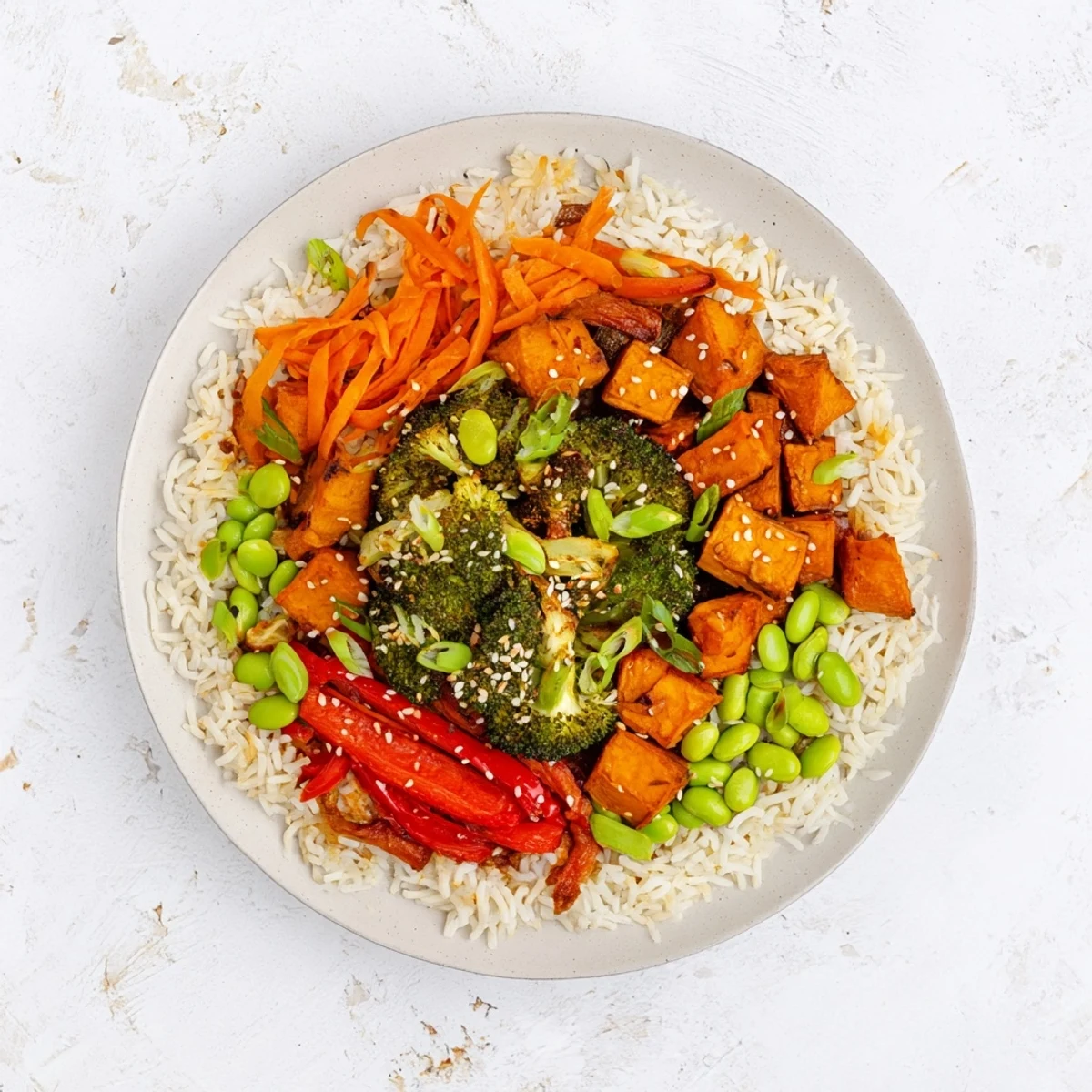 Spicy chili oil roasted broccoli veggie bowl served over fluffy rice with sesame drizzle