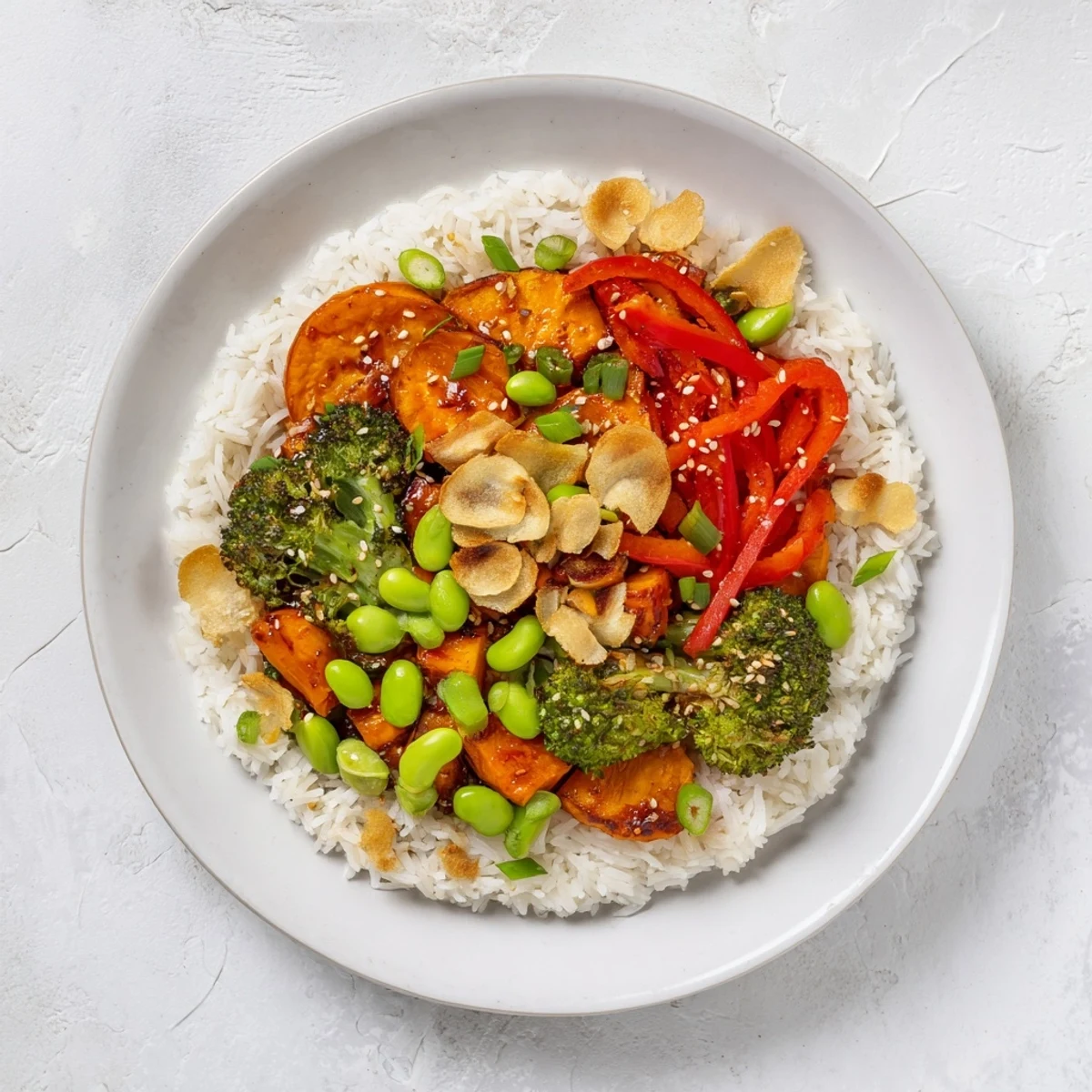 Golden roasted sweet potatoes and broccoli in this spicy chili oil veggie bowl with garlic chips