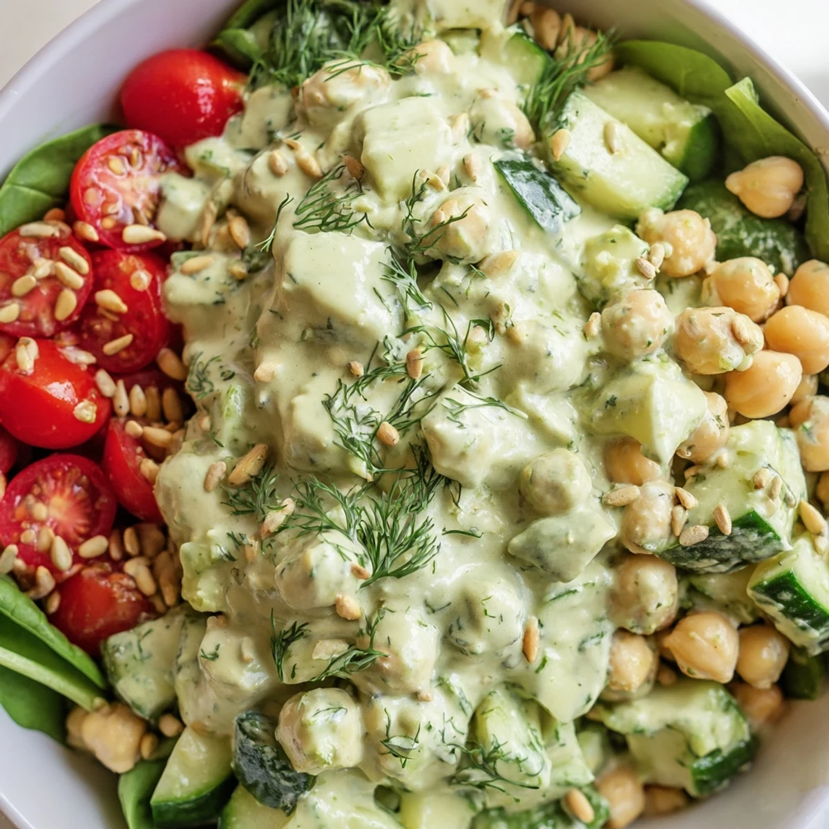 Creamy avocado dill chickpea salad bowl served over crisp mixed greens