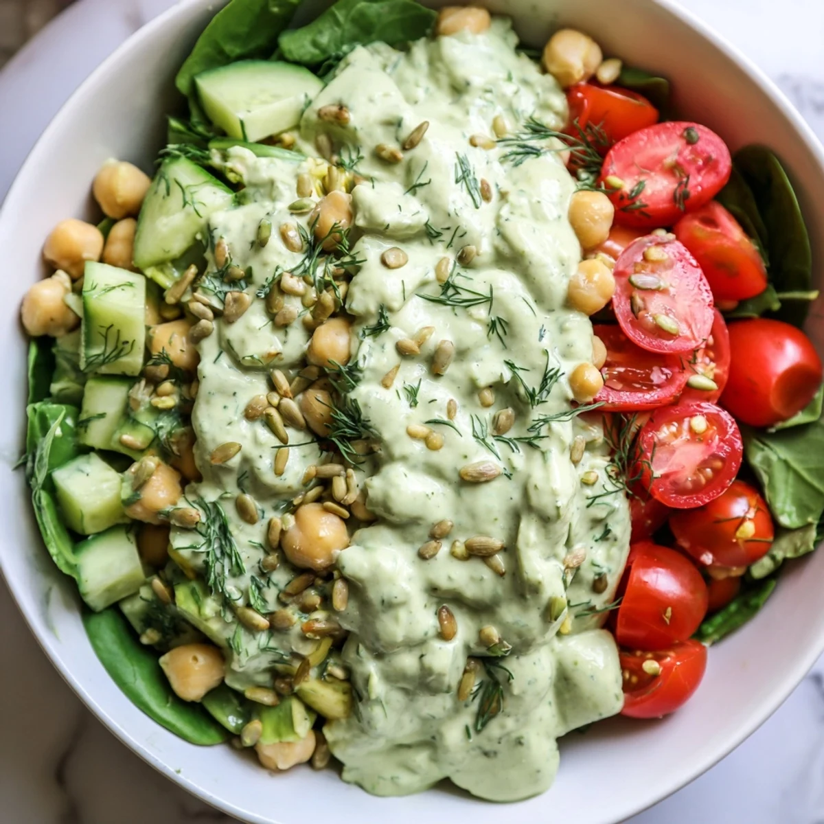 Vibrant avocado dill chickpea salad topped with crunchy cucumbers and toasted seeds