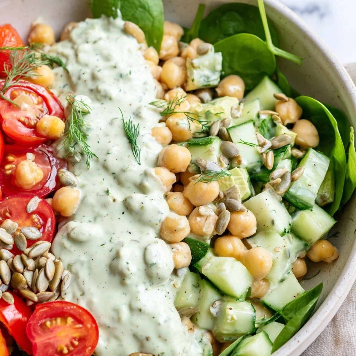 Fresh avocado dill chickpea salad bowl drizzled with tangy creamy lemon dressing