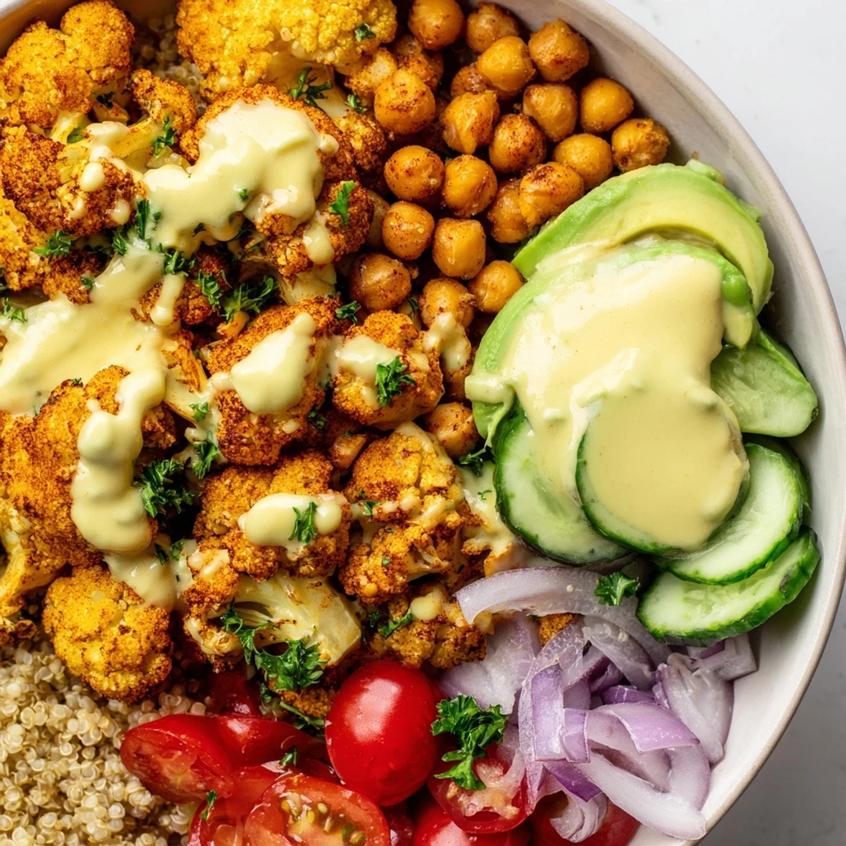 Crispy chickpeas top this colorful roasted cauliflower harissa quinoa grain bowl