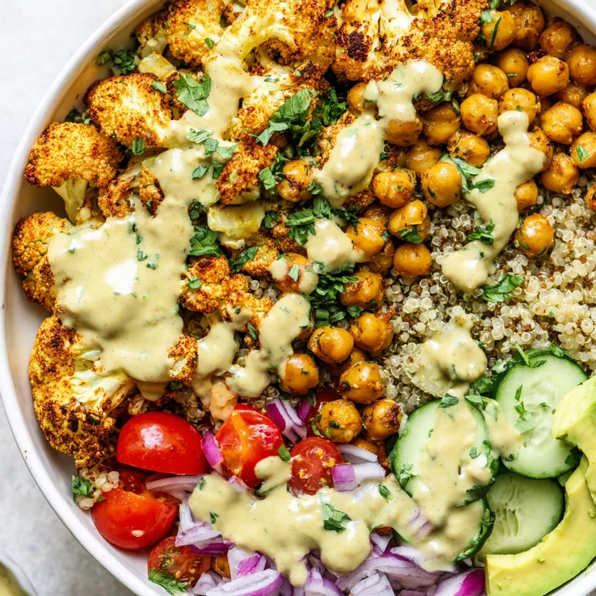 Warm roasted cauliflower harissa quinoa grain bowl drizzled with creamy tahini dressing