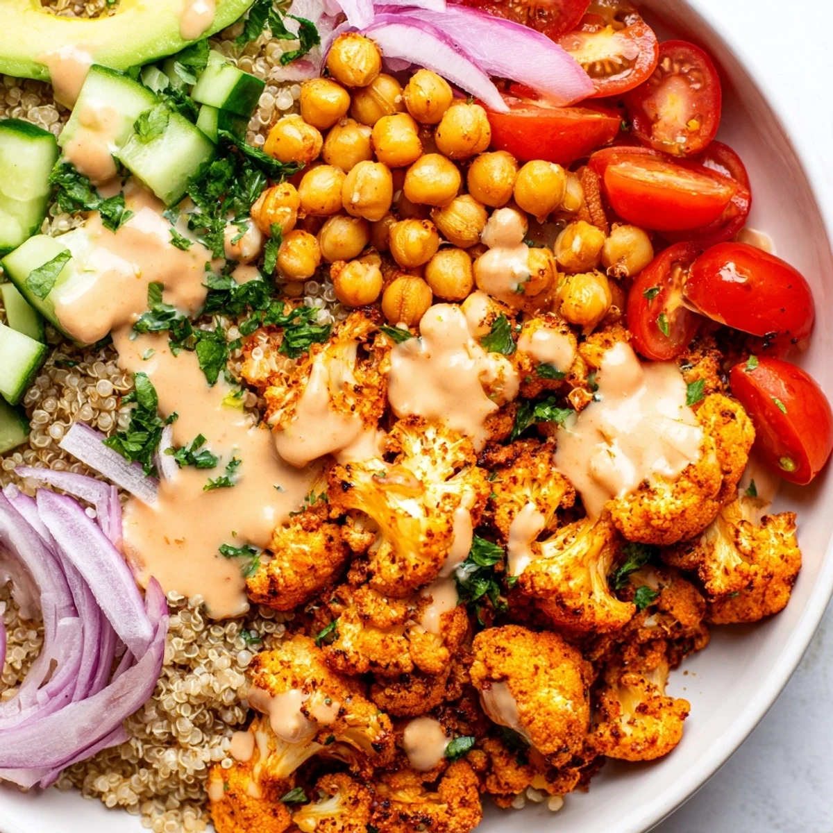 Golden spiced cauliflower and fluffy quinoa served with crunchy harissa chickpeas and avocado