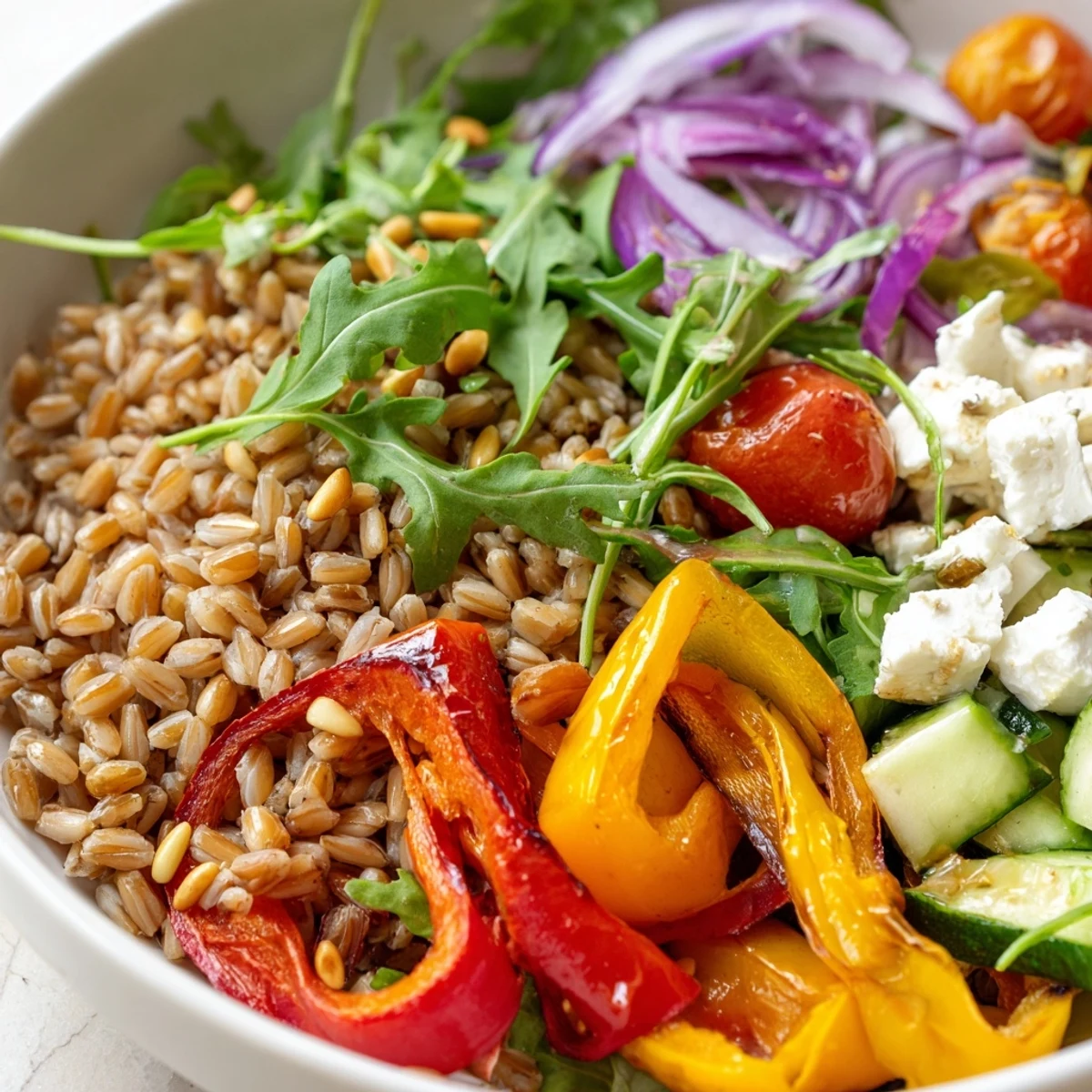 Colorful Mediterranean farro grain bowl topped with roasted peppers and creamy feta crumble