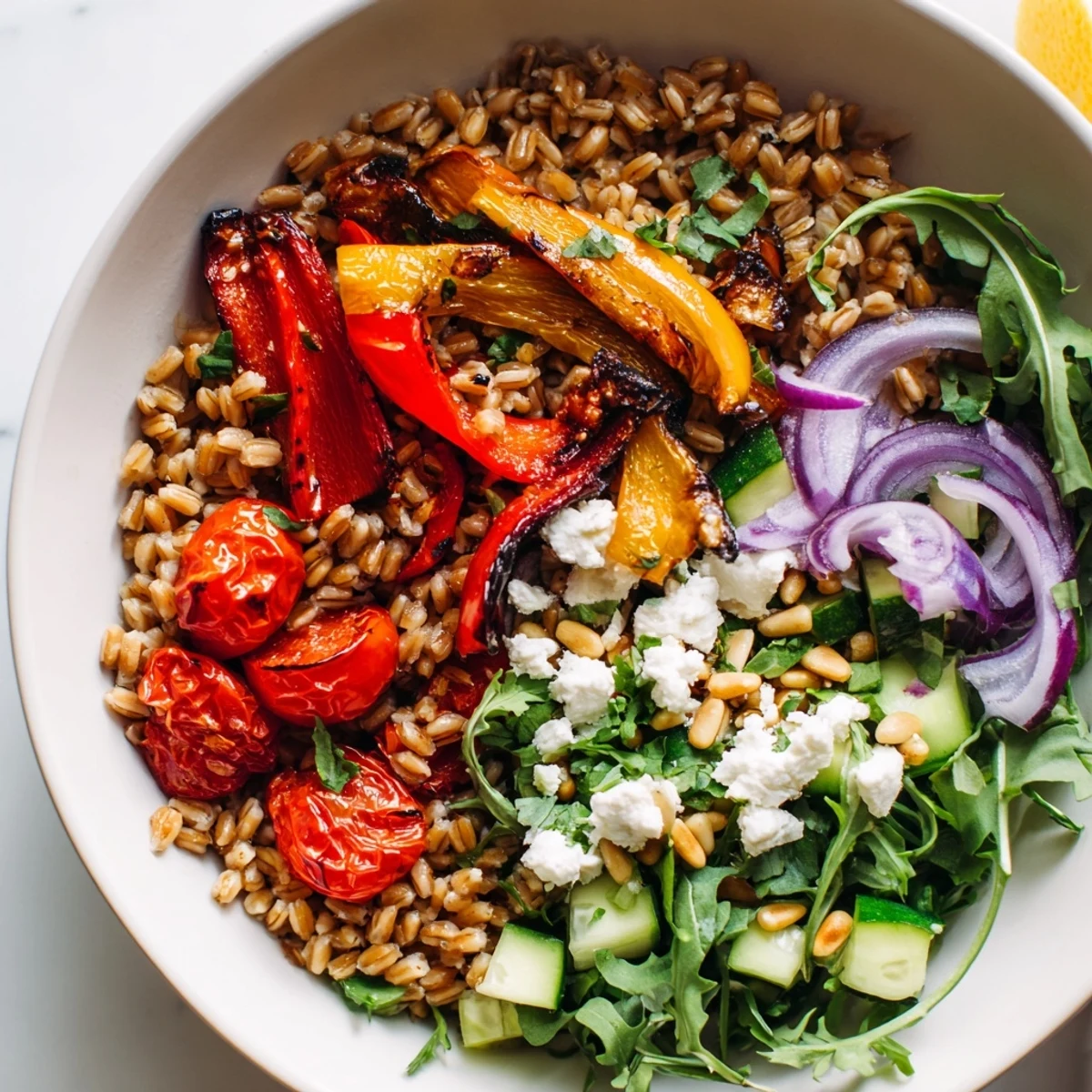 Warm farro grain bowl loaded with sweet roasted peppers, fresh vegetables, and tangy feta
