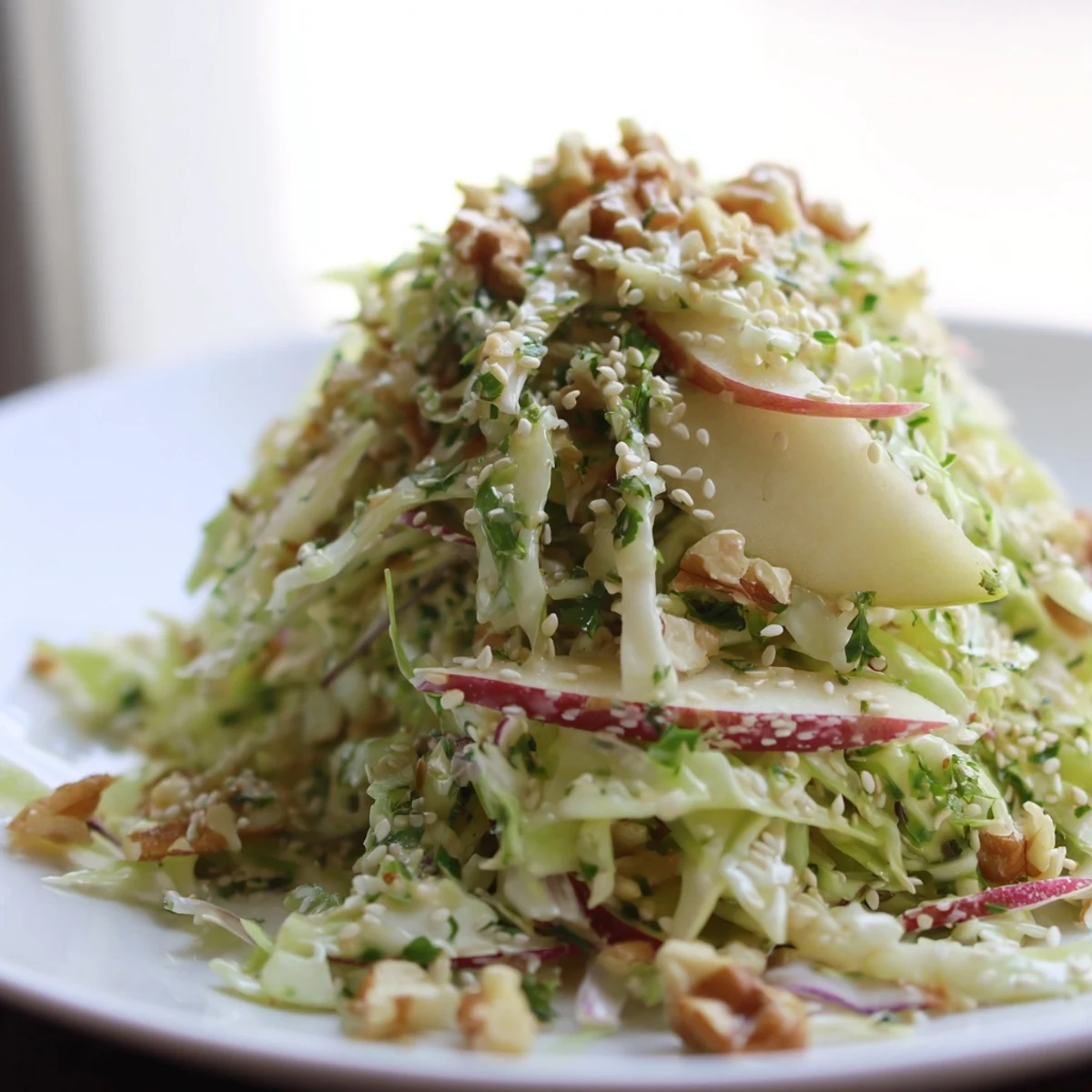 Creamy sesame dressing drizzled over a crisp cabbage apple walnut salad bowl