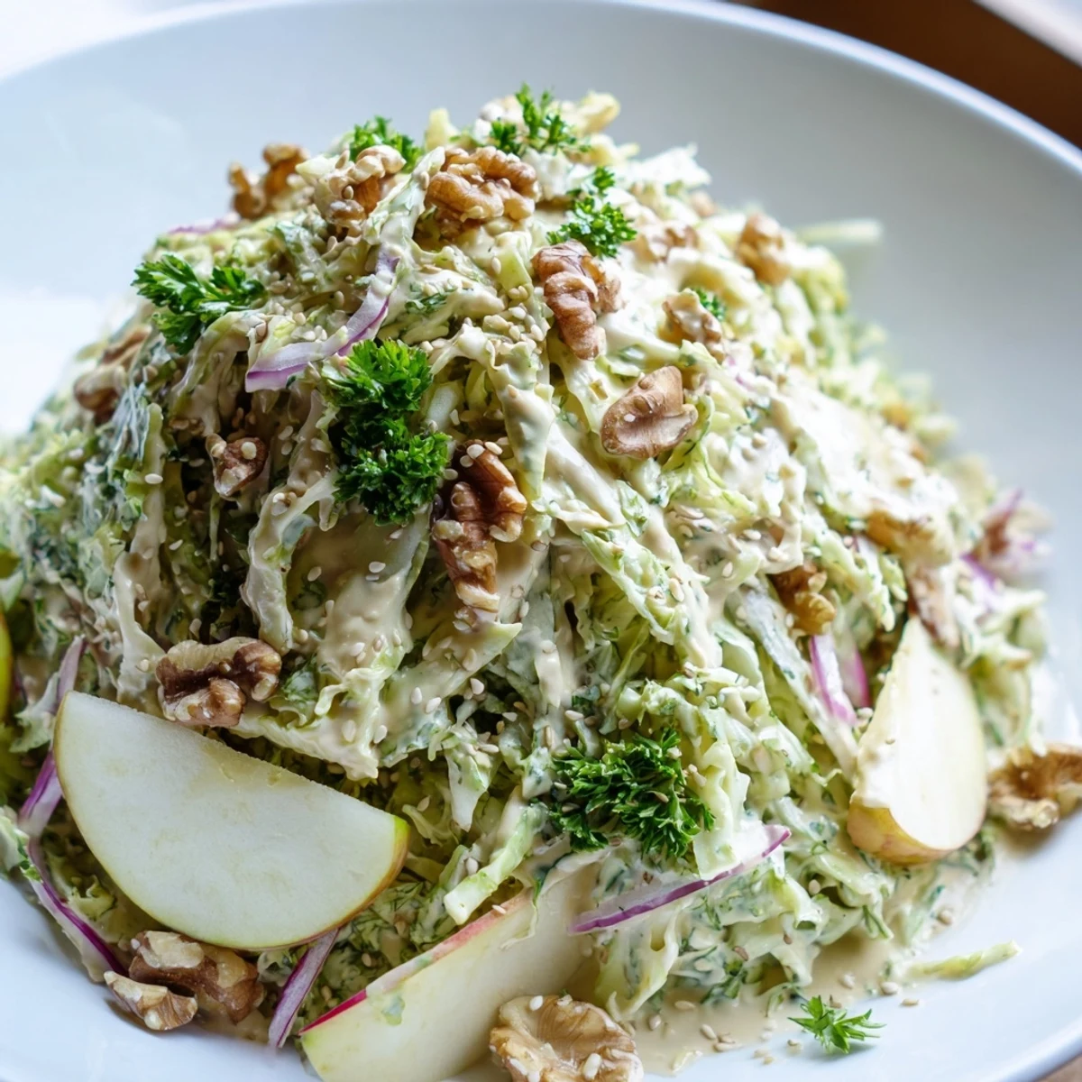 Crisp shaved cabbage and sweet apple walnut salad with creamy sesame dressing