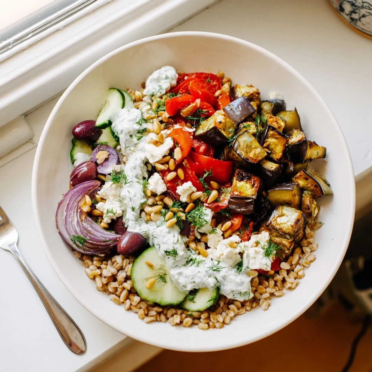 Steaming farro topped with smoky roasted eggplant, fresh veggies, and creamy herb yogurt