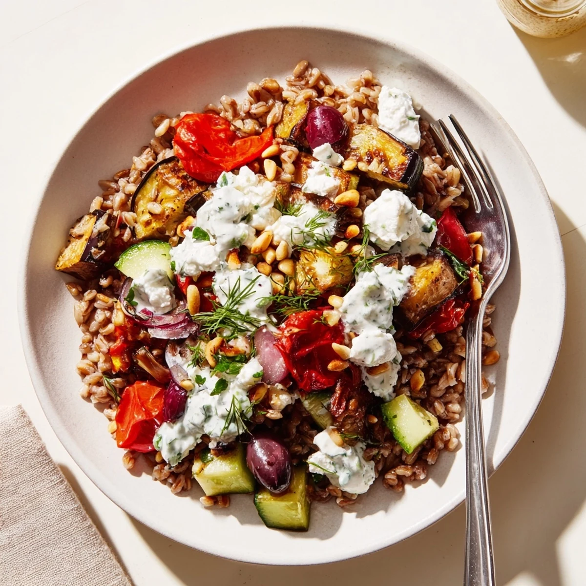 Mediterranean roasted eggplant farro grain bowl drizzled with cool herb yogurt sauce