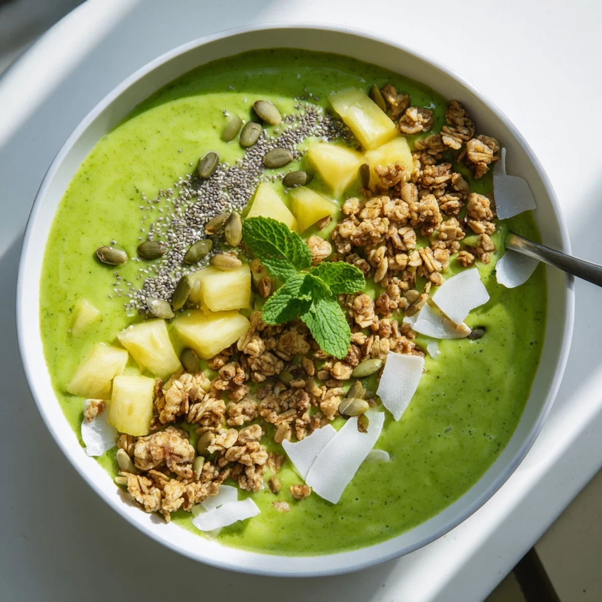 Bright pineapple matcha coconut smoothie bowl topped with golden granola and fresh fruit
