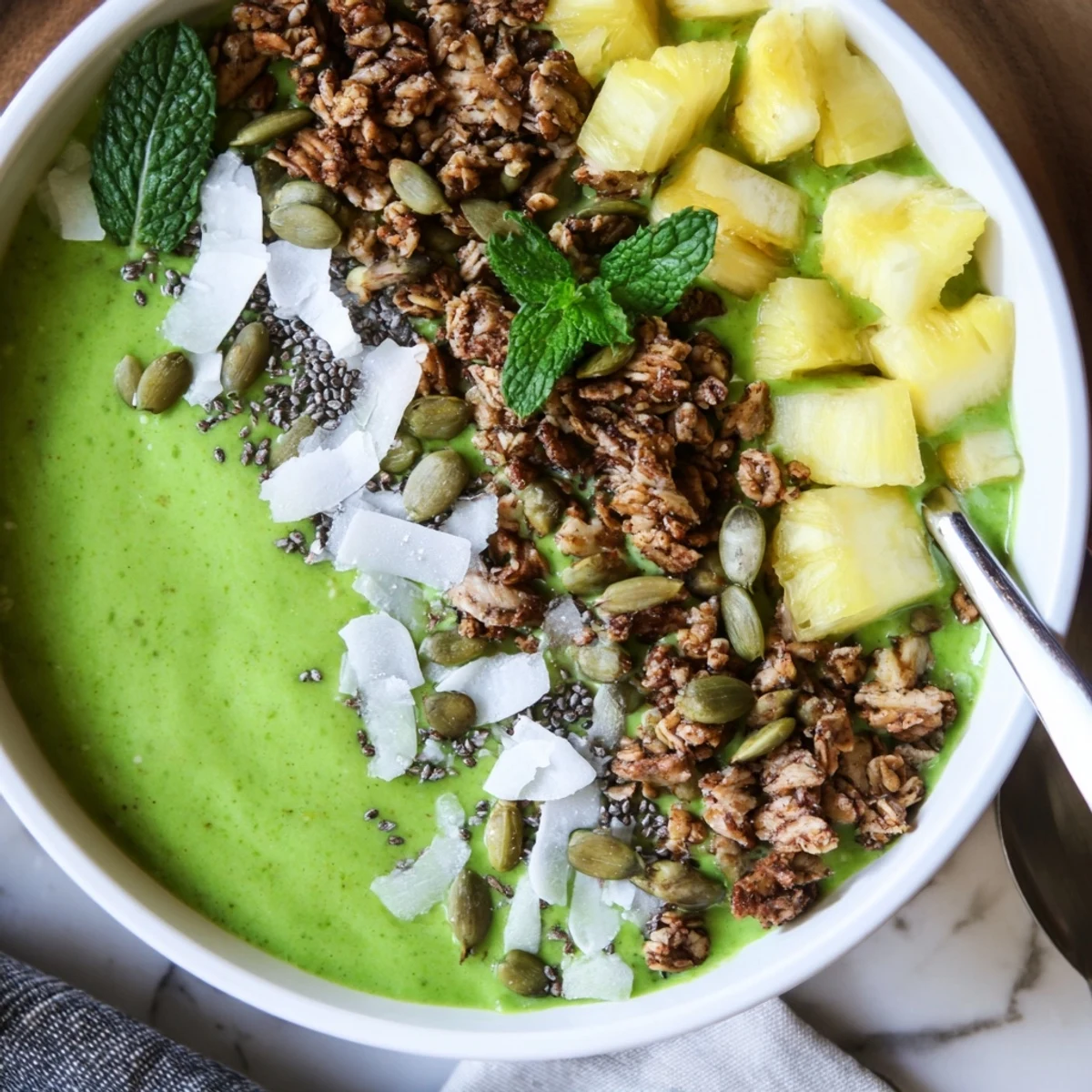 Tropical pineapple matcha coconut smoothie bowl loaded with crisp granola, seeds, and diced pineapple