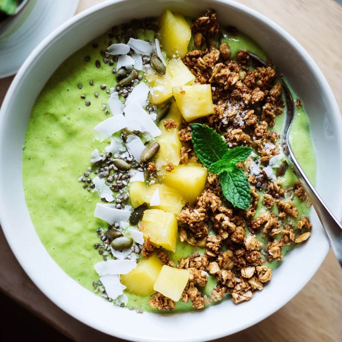 Creamy green pineapple matcha coconut smoothie bowl crowned with crunchy granola and coconut flakes