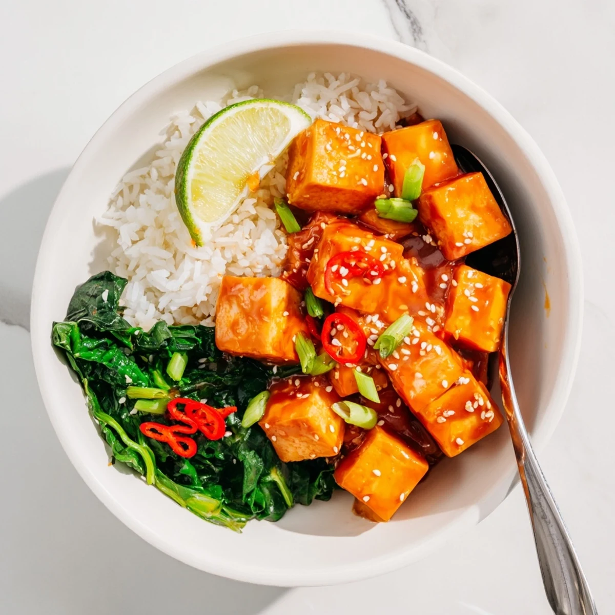Crispy glazed orange maple tofu bowl served over fluffy rice with sesame greens