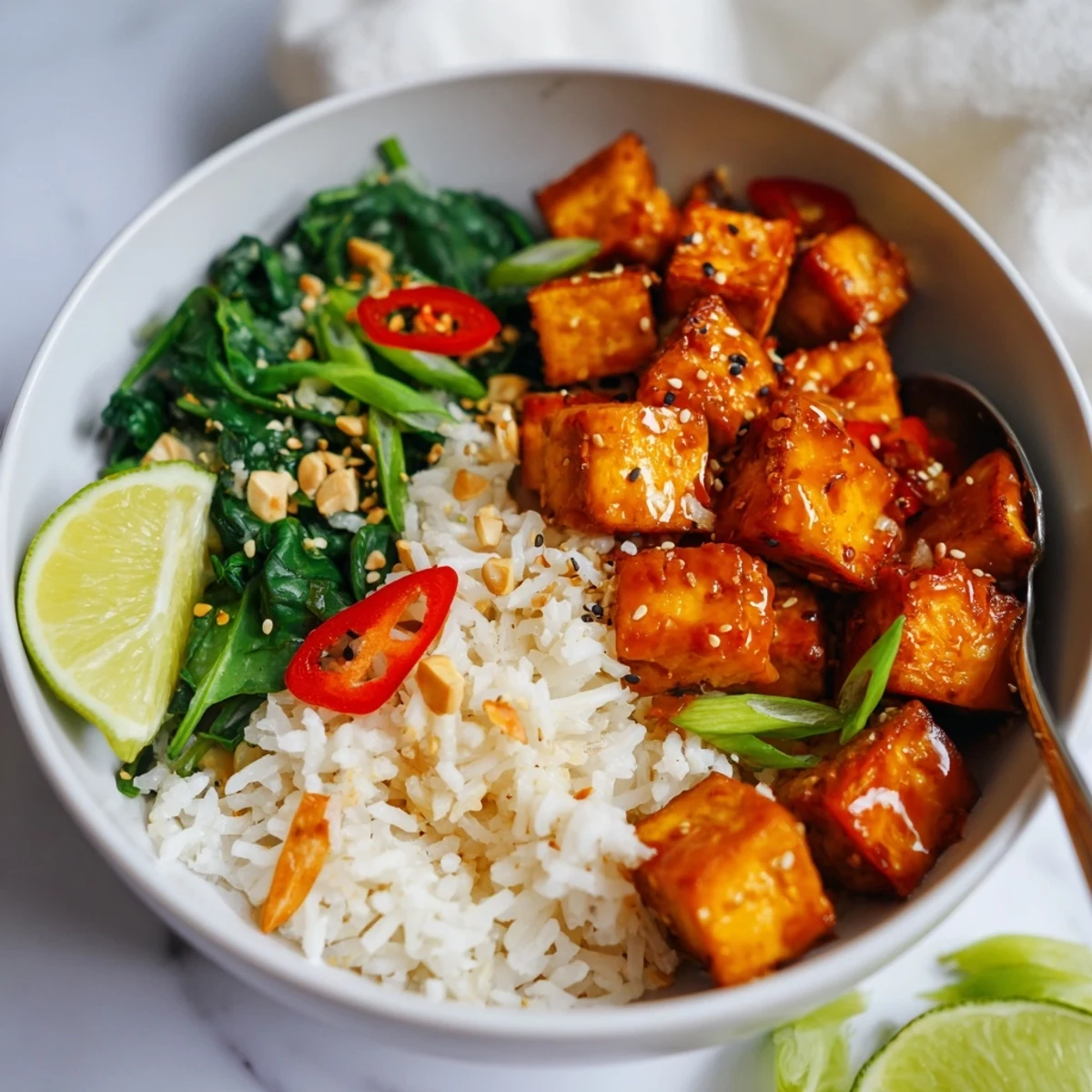 Golden tofu cubes coated in sticky orange maple sauce over jasmine rice and greens