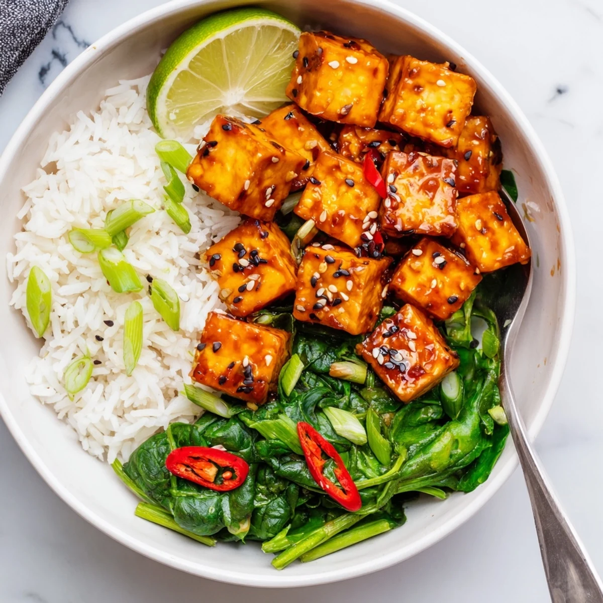 Vibrant sticky orange maple tofu vegan bowl topped with sesame greens and fresh lime