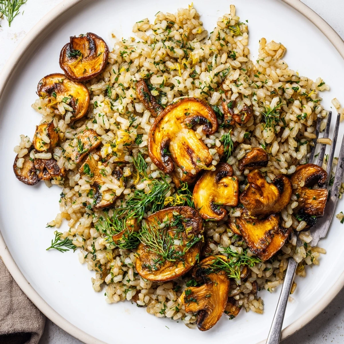 Golden garlic lemon herb brown rice topped with caramelized roasted mushrooms in a rustic bowl