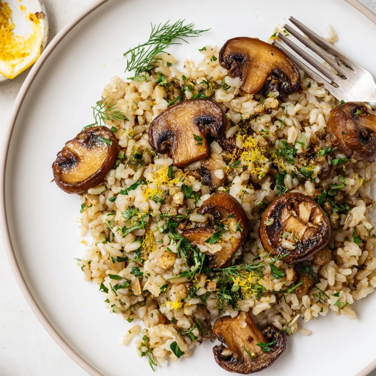 Steaming garlic lemon herb brown rice with roasted mushrooms garnished with fresh parsley and dill