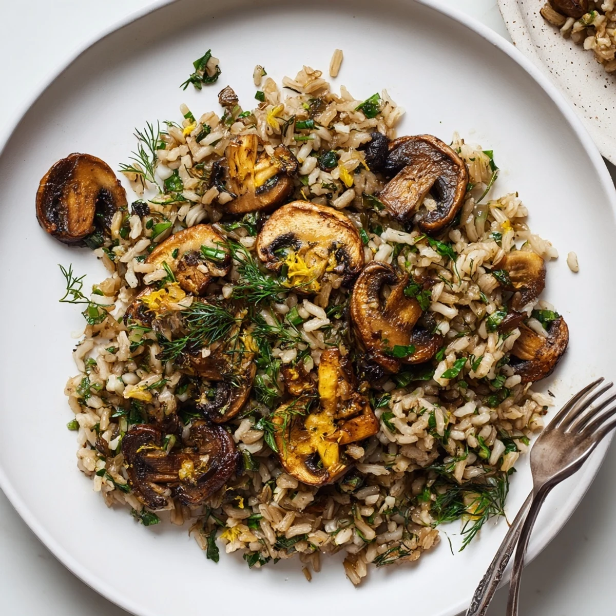 Close-up of garlic lemon herb brown rice alongside tender thyme roasted mushrooms on a ceramic plate